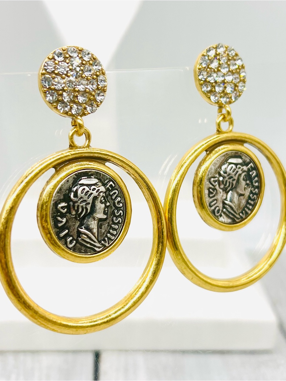 371. Roman Coin Revival Crystal Gold Tone Post Dangle Earrings - Women Jewelry